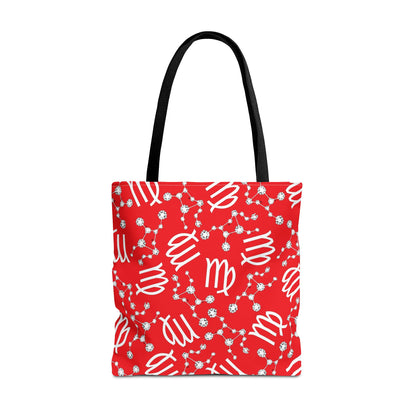 Tote Bag, Virgo Zodiac Sign, AOP, (Red, White)