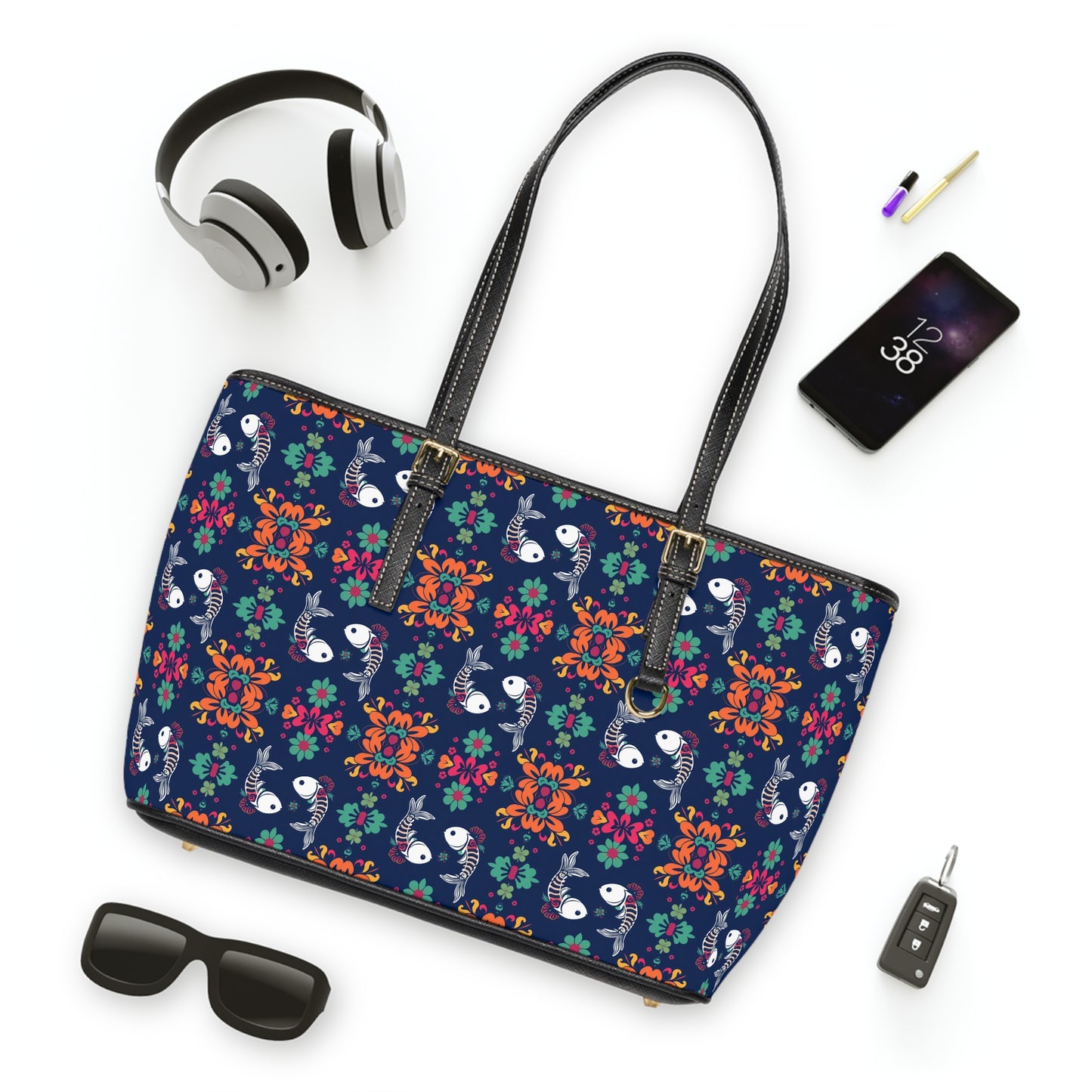 Leather Shoulder Bag, Pisces, Zodiac v2, Flower Pattern