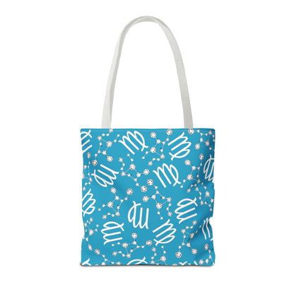 Tote Bag, Virgo Zodiac Sign, AOP, (Turquoise, White)