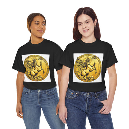 Unisex Heavy Cotton T-Shirt, Golden Angel Coin, Virgo Zodiac Design