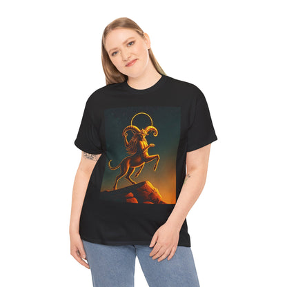 Unisex Heavy Cotton T-Shirt, Mountain Top, Aries Zodiac Design