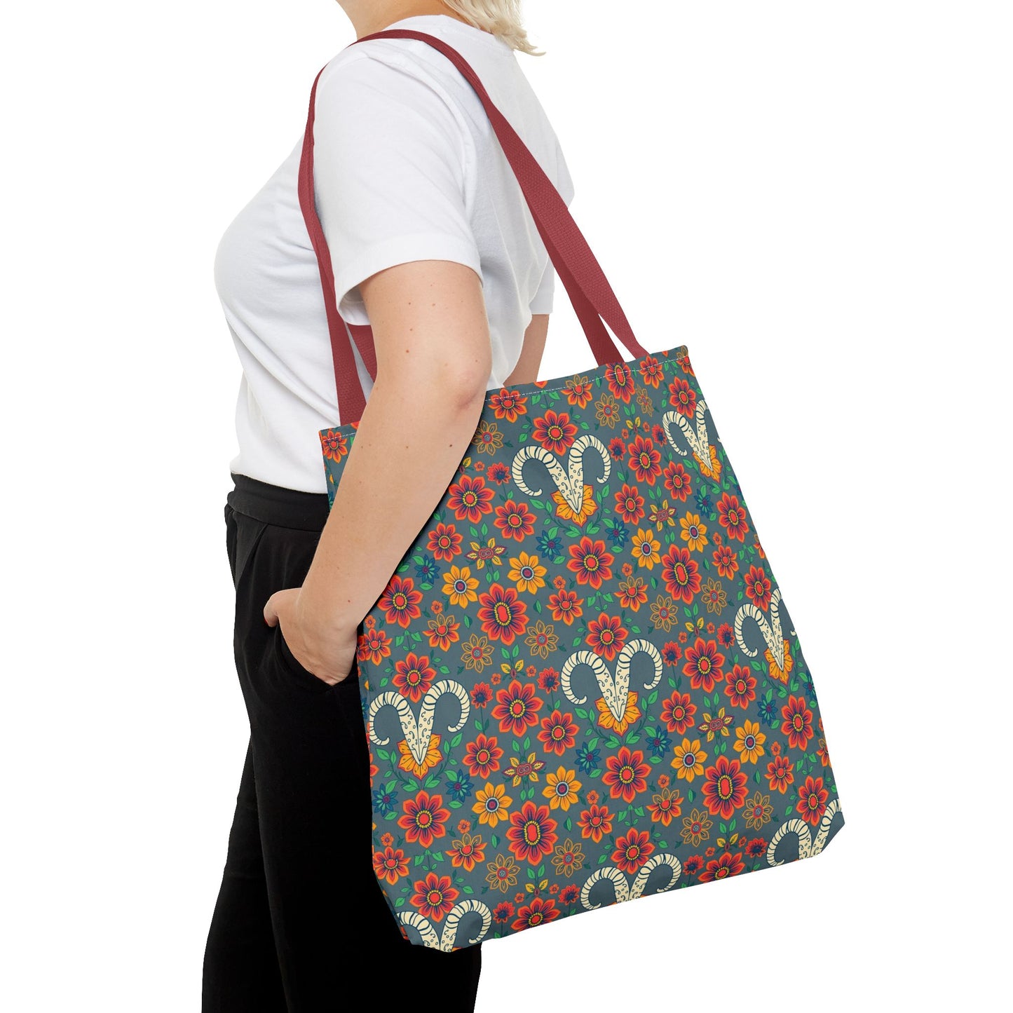 Tote Bag, (AOP), Aries, Zodiac v1, Flower Pattern