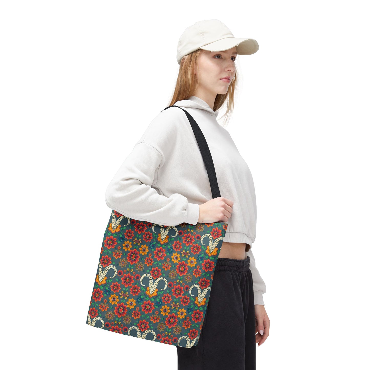 Tote Bag, (AOP), Aries, Zodiac v1, Flower Pattern