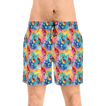 Men's Mid-Length Swim Shorts, (AOP), Pisces, Zodiac v1, Bubble Pattern