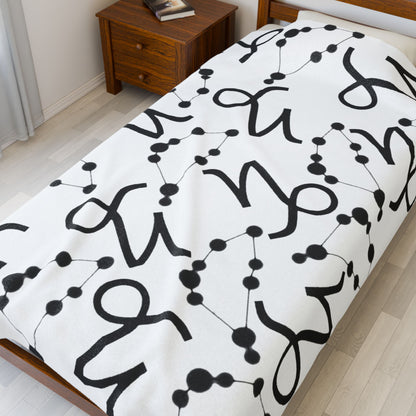 Velveteen Plush Blanket, Capricorn Zodiac Sign, Constellation & Symbol, White, 100% polyester