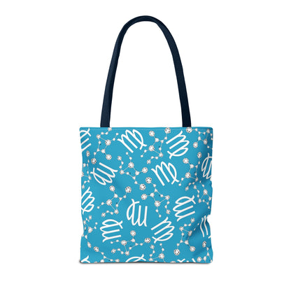 Tote Bag, Virgo Zodiac Sign, AOP, (Turquoise, White)