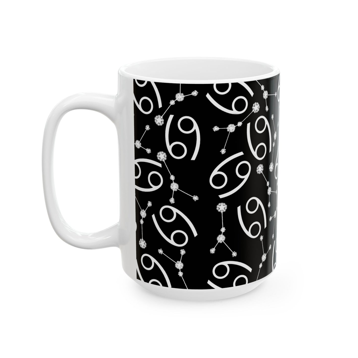 Ceramic Mug, (11oz, 15oz), Ceramic Coffee Mug, Black AOP, Cancer Zodiac Design