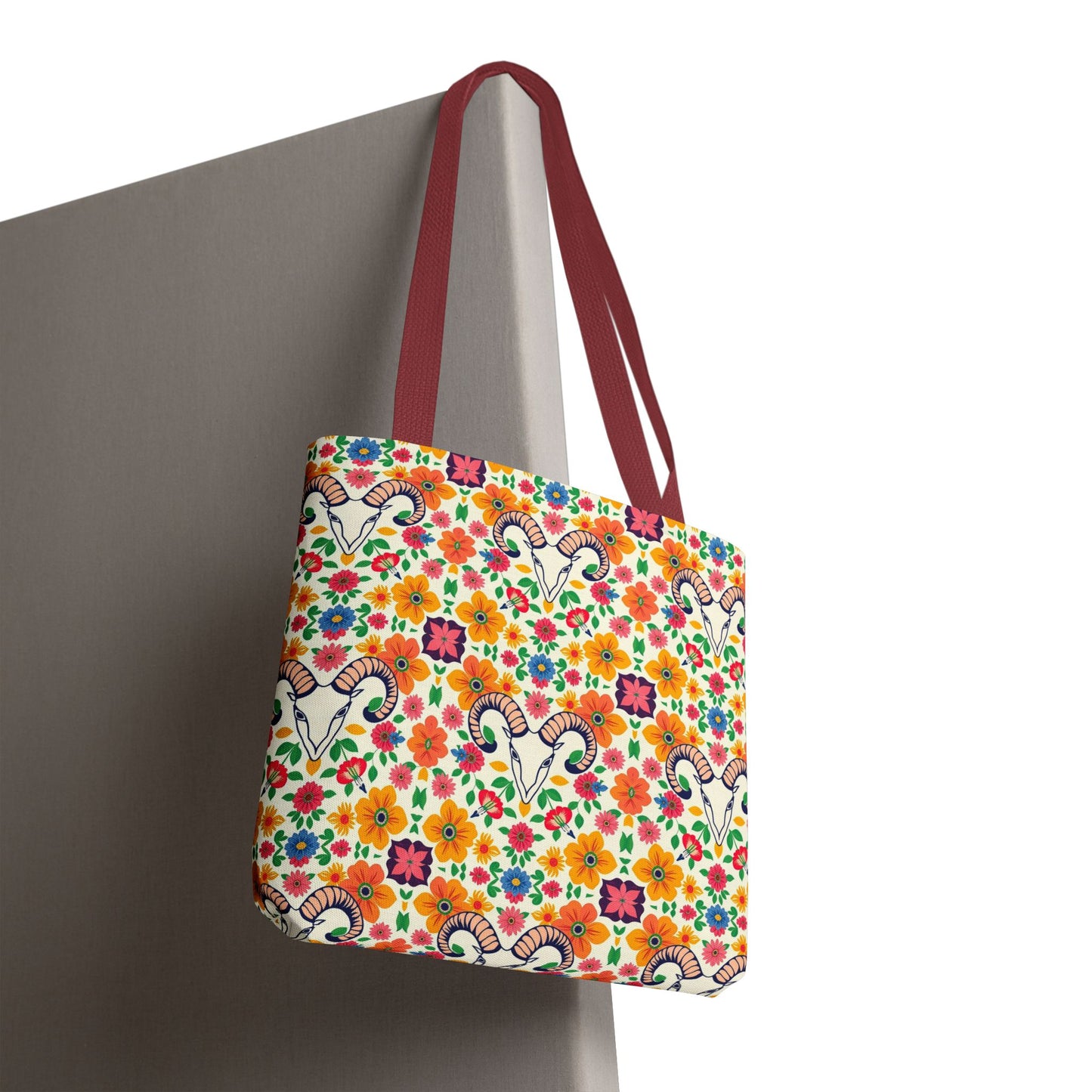 Tote Bag, (AOP), Aries, Zodiac v2, Flower Pattern