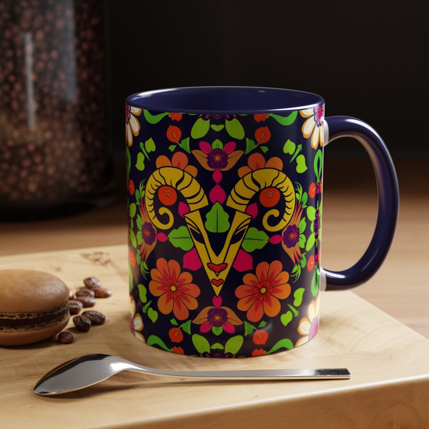Accent Coffee Mug, Aries, Zodiac v2, Flower Pattern, (11, 15oz)