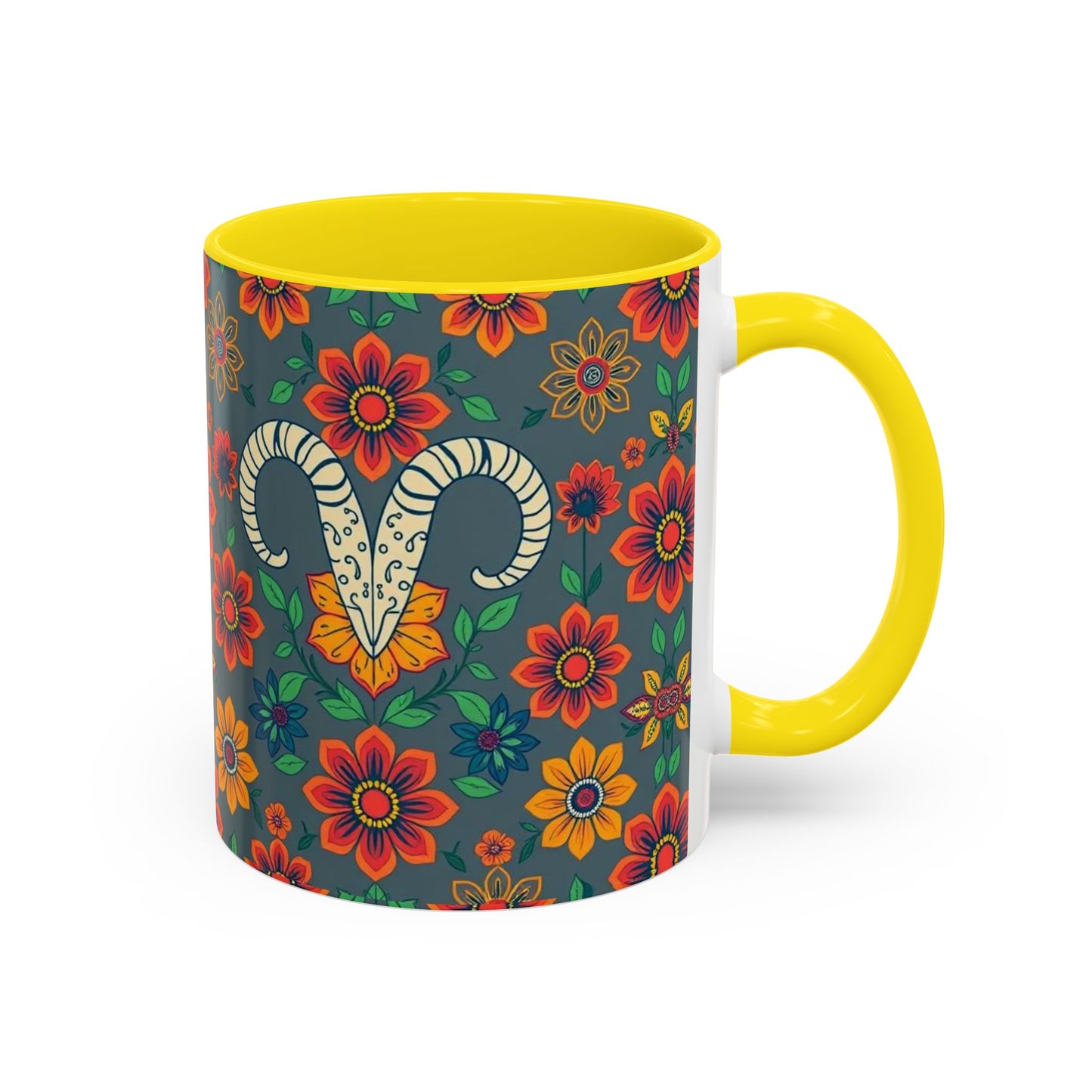 Accent Coffee Mug, Aries, Zodiac v4, Flower Pattern, (11, 15oz)