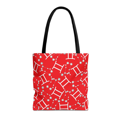 Tote Bag, Gemini Zodiac Sign, AOP, (Red, White Print)