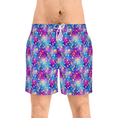 Men's Mid-Length Swim Shorts, (AOP), Sagittarius, Zodiac, Bubble Pattern