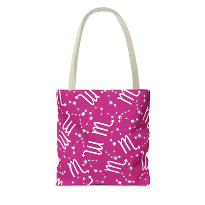 Tote Bag, Scorpio Zodiac Sign, AOP, (Pink, White)