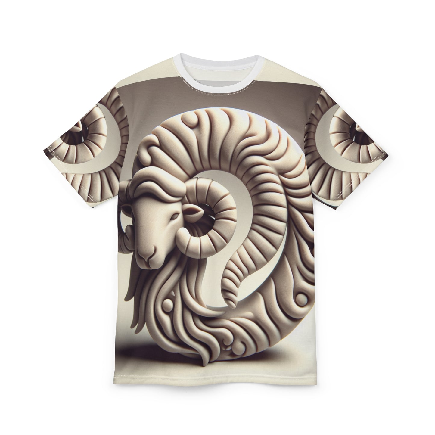 Unisex Cut & Sew T-Shirt (AOP), Stone Carving, Aries Zodiac Design, Regular fit, 100% Polyester