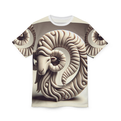 Unisex Cut & Sew T-Shirt (AOP), Stone Carving, Aries Zodiac Design, Regular fit, 100% Polyester