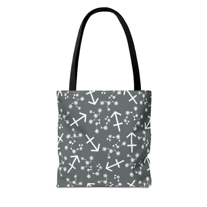 Tote Bag, Sagittarius Zodiac Sign, AOP, (Grey, White Print)