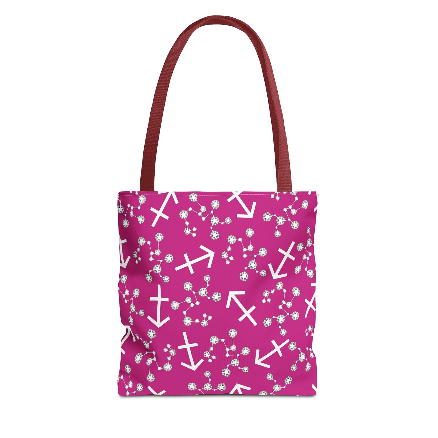 Tote Bag, Sagittarius Zodiac Sign, AOP, (Pink, White Print)