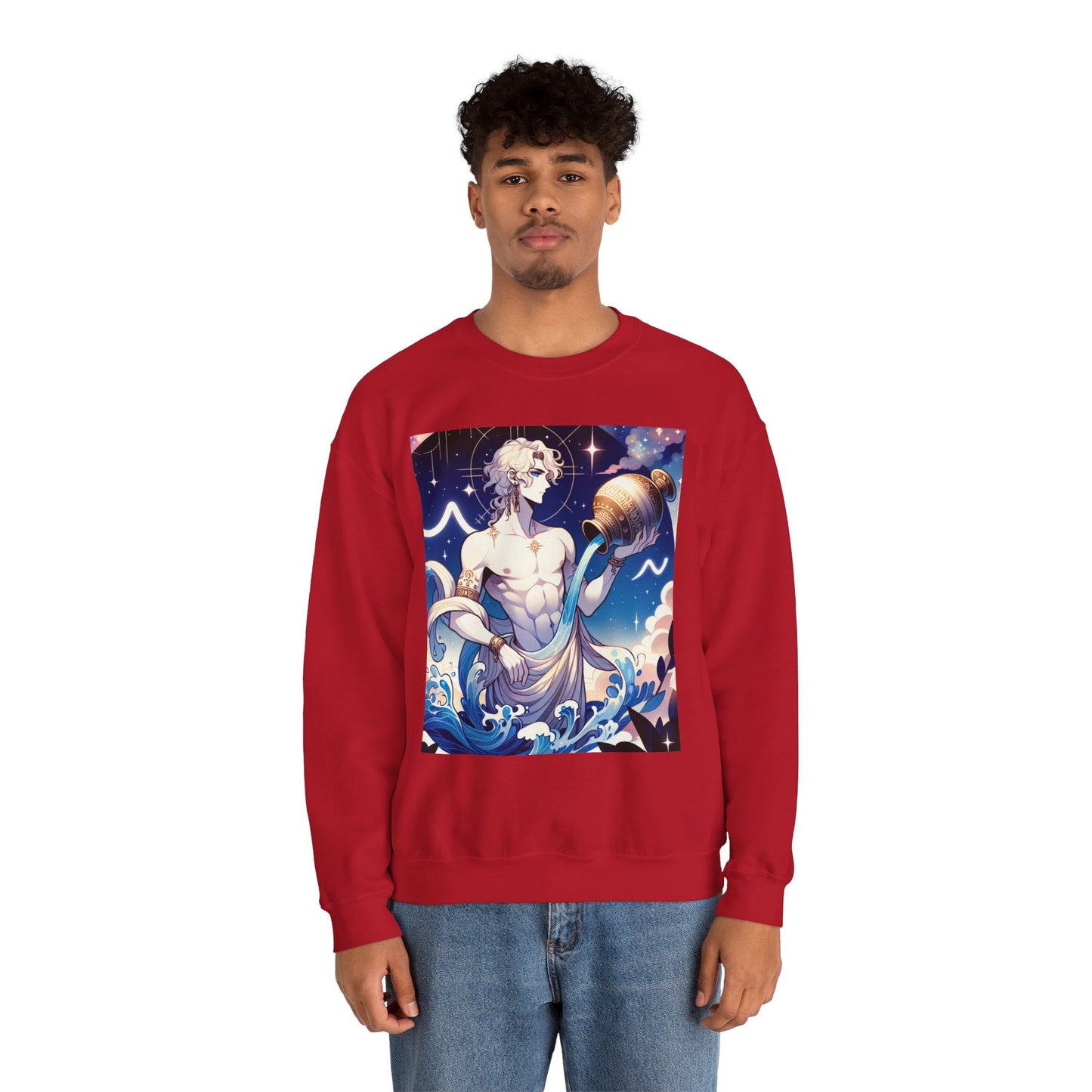 Unisex Heavy Blend™ Crewneck Sweatshirt, Anime Aqua God, Aquarius Zodiac Design