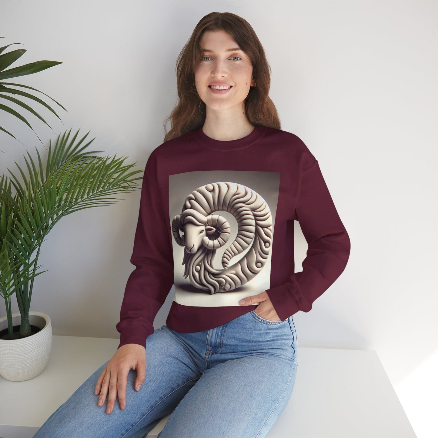 Unisex Heavy Blend™ Crewneck Sweatshirt, Round Statue, Aries Zodiac Design