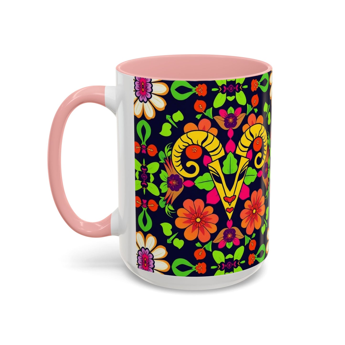 Accent Coffee Mug, Aries, Zodiac v2, Flower Pattern, (11, 15oz)
