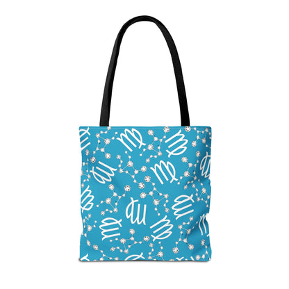 Tote Bag, Virgo Zodiac Sign, AOP, (Turquoise, White)