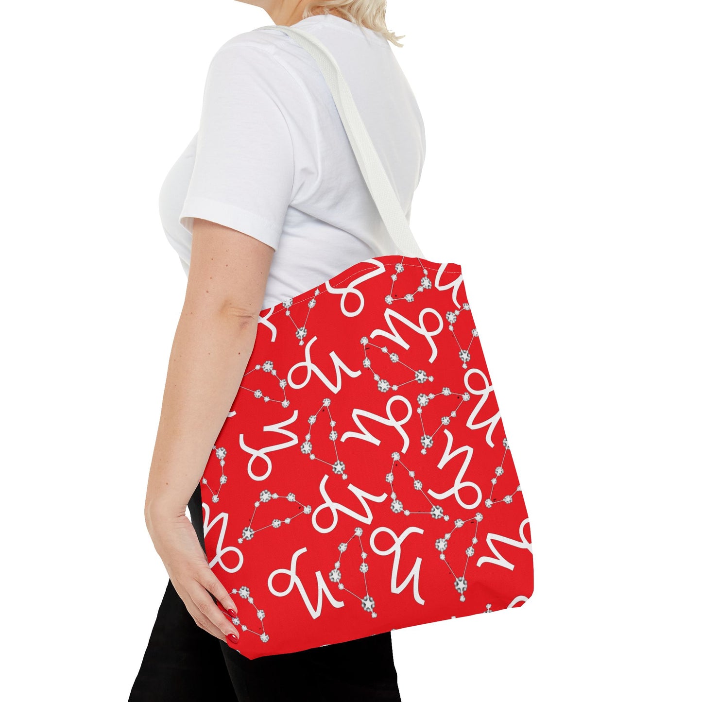 Tote Bag, Capricorn Zodiac Sign, AOP, (Red, White)