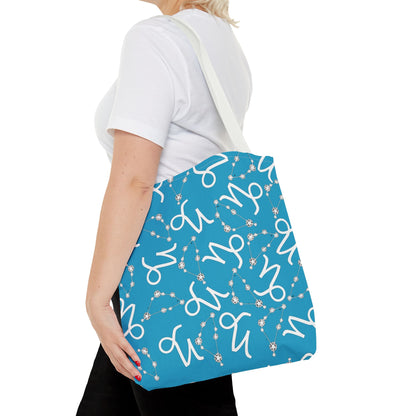 Tote Bag, Capricorn Zodiac Sign, AOP, (Turquoise, White)