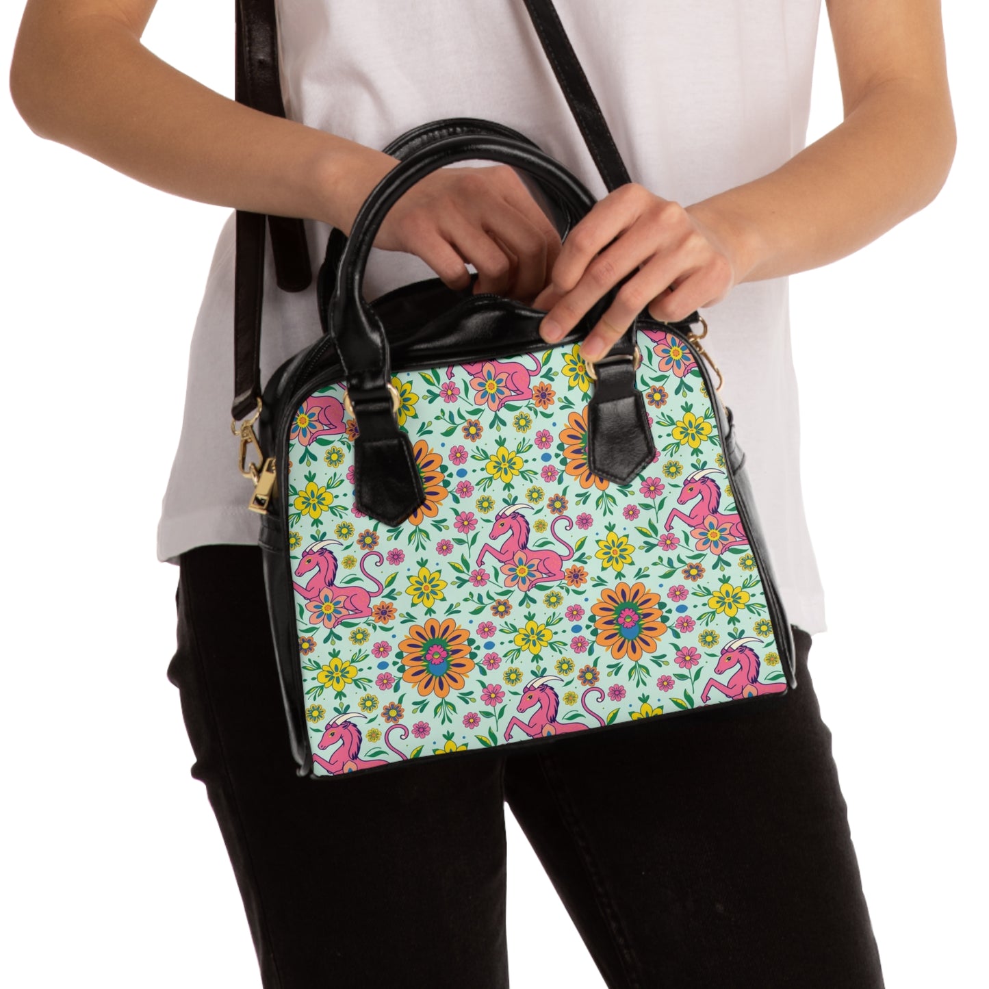 Shoulder Handbag, Aquarius, Zodiac v2, Flower Pattern