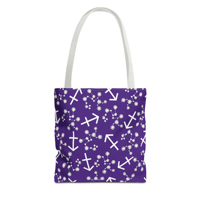 Tote Bag, Sagittarius Zodiac Sign, AOP, (Purple, White Print)