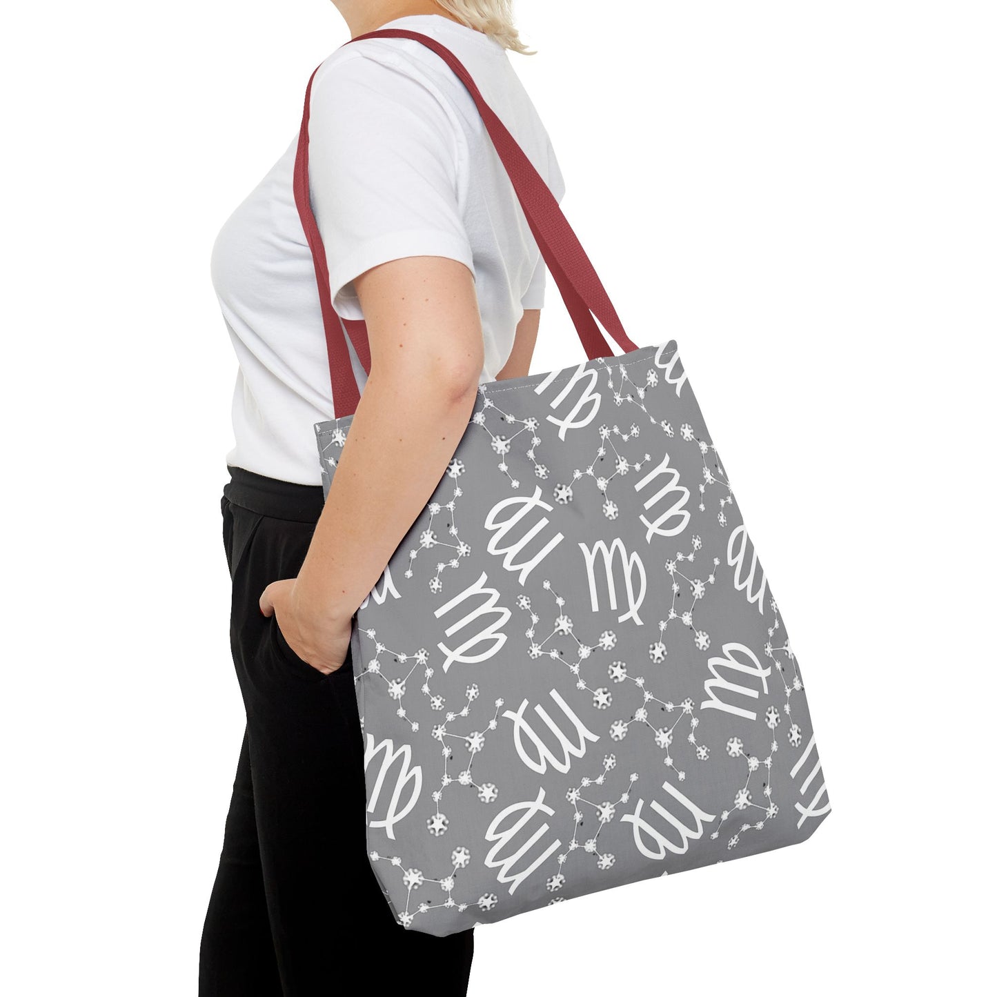 Tote Bag, Virgo Zodiac Sign, AOP, (Grey, White)