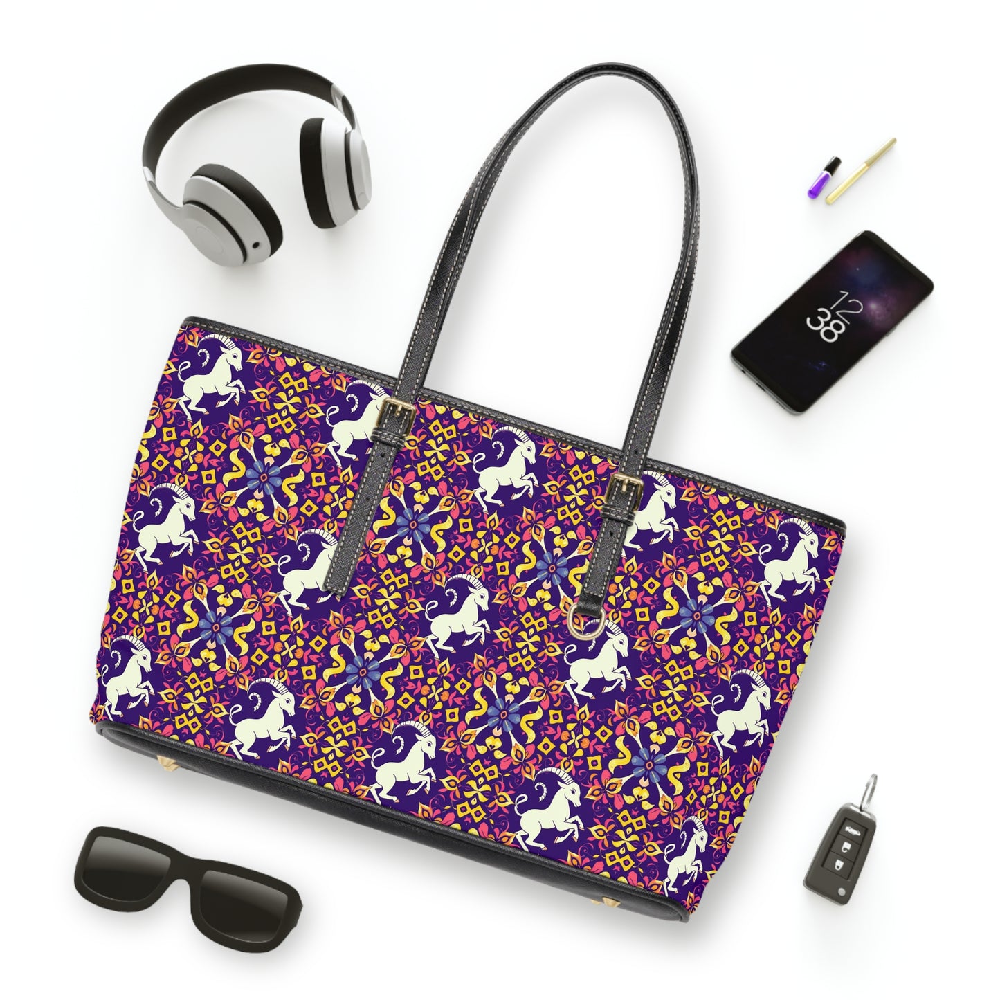 Leather Shoulder Bag, Capricorn, Zodiac v2, Flower Pattern