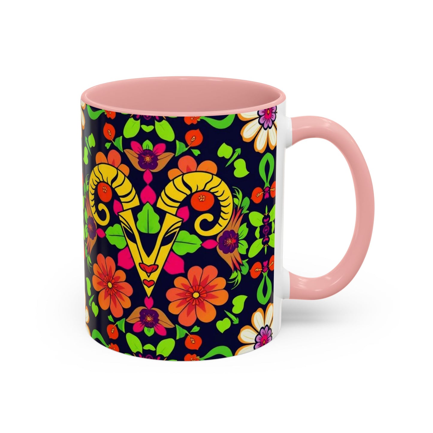 Accent Coffee Mug, Aries, Zodiac v2, Flower Pattern, (11, 15oz)