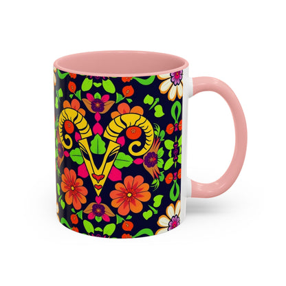 Accent Coffee Mug, Aries, Zodiac v2, Flower Pattern, (11, 15oz)