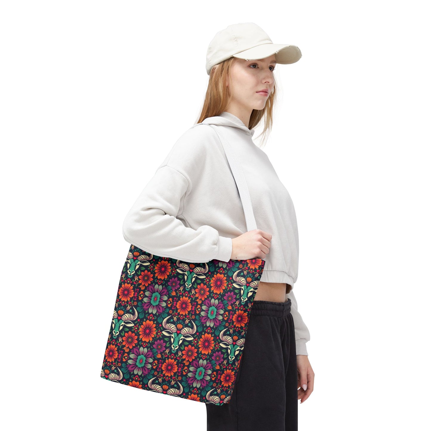 Tote Bag, (AOP), Taurus, Zodiac, Flower Pattern