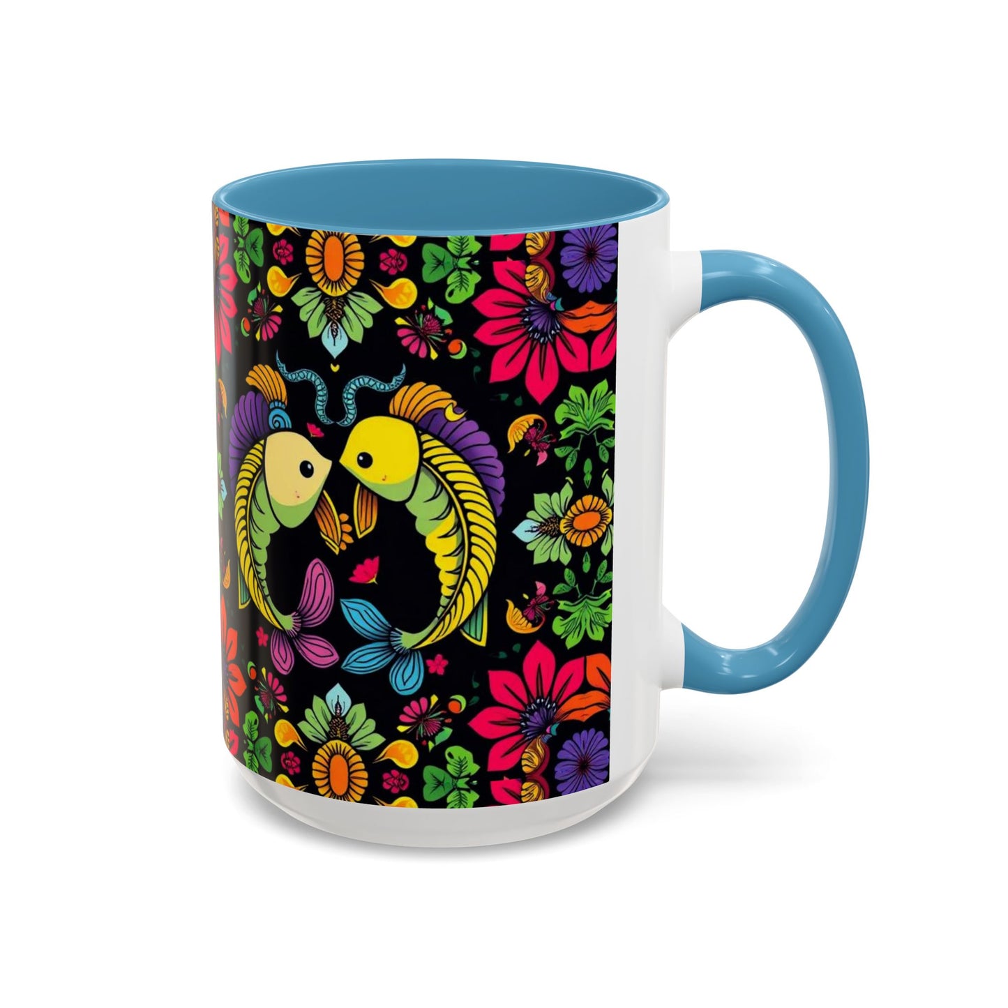 Accent Coffee Mug, Pisces, Zodiac v3, Flower Pattern, (11, 15oz)