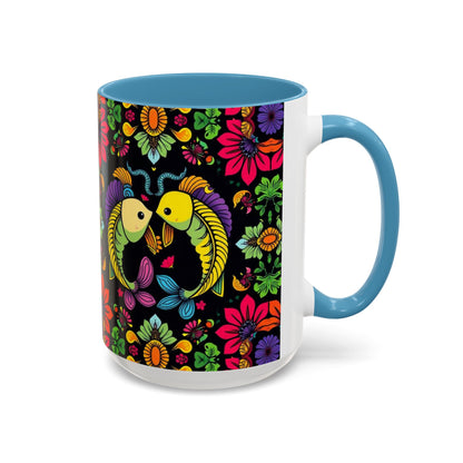Accent Coffee Mug, Pisces, Zodiac v3, Flower Pattern, (11, 15oz)