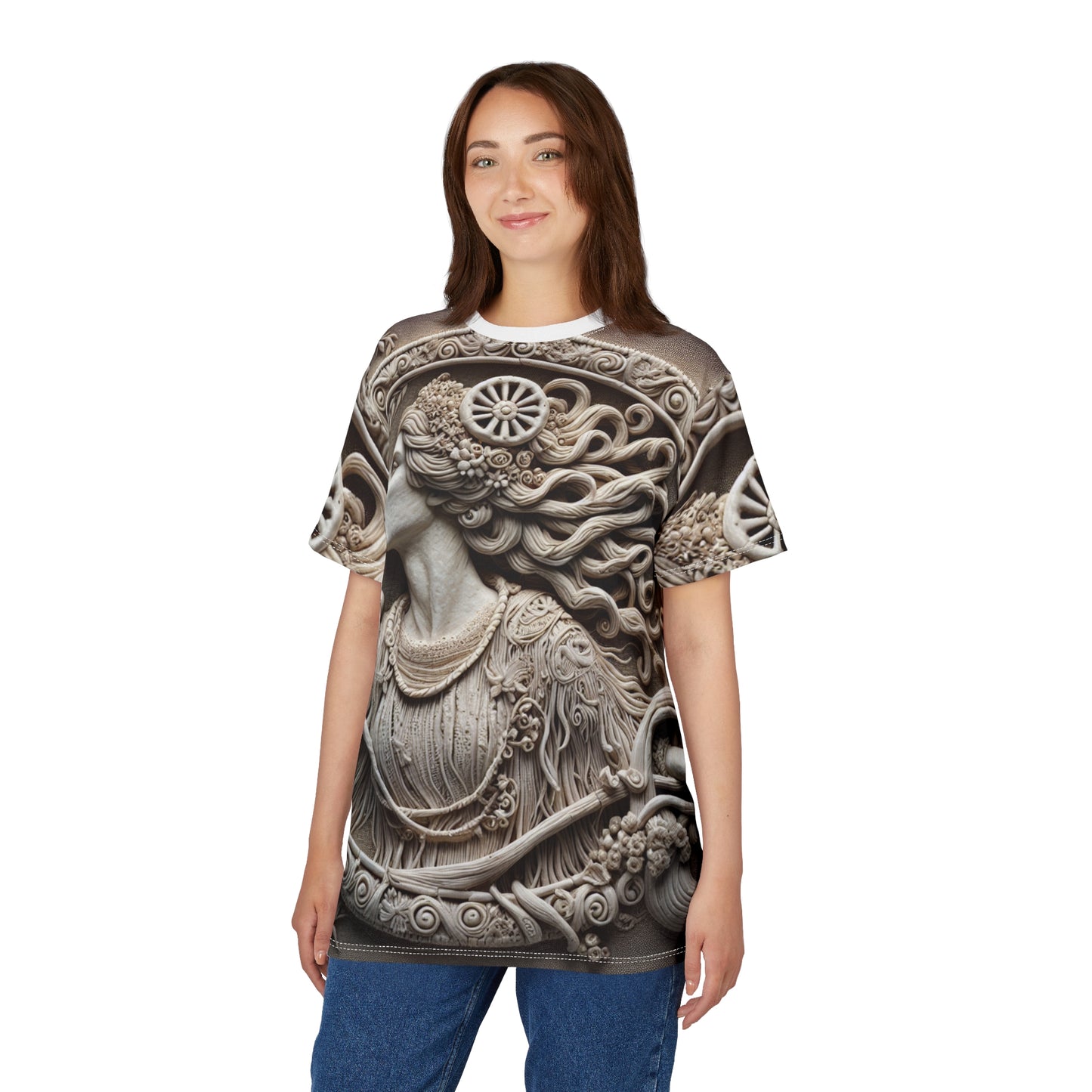 Unisex Cut & Sew T-Shirt (AOP), Lady Stone Carving, Virgo Zodiac Design, Regular fit, 100% Polyester