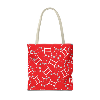 Tote Bag, Gemini Zodiac Sign, AOP, (Red, White Print)
