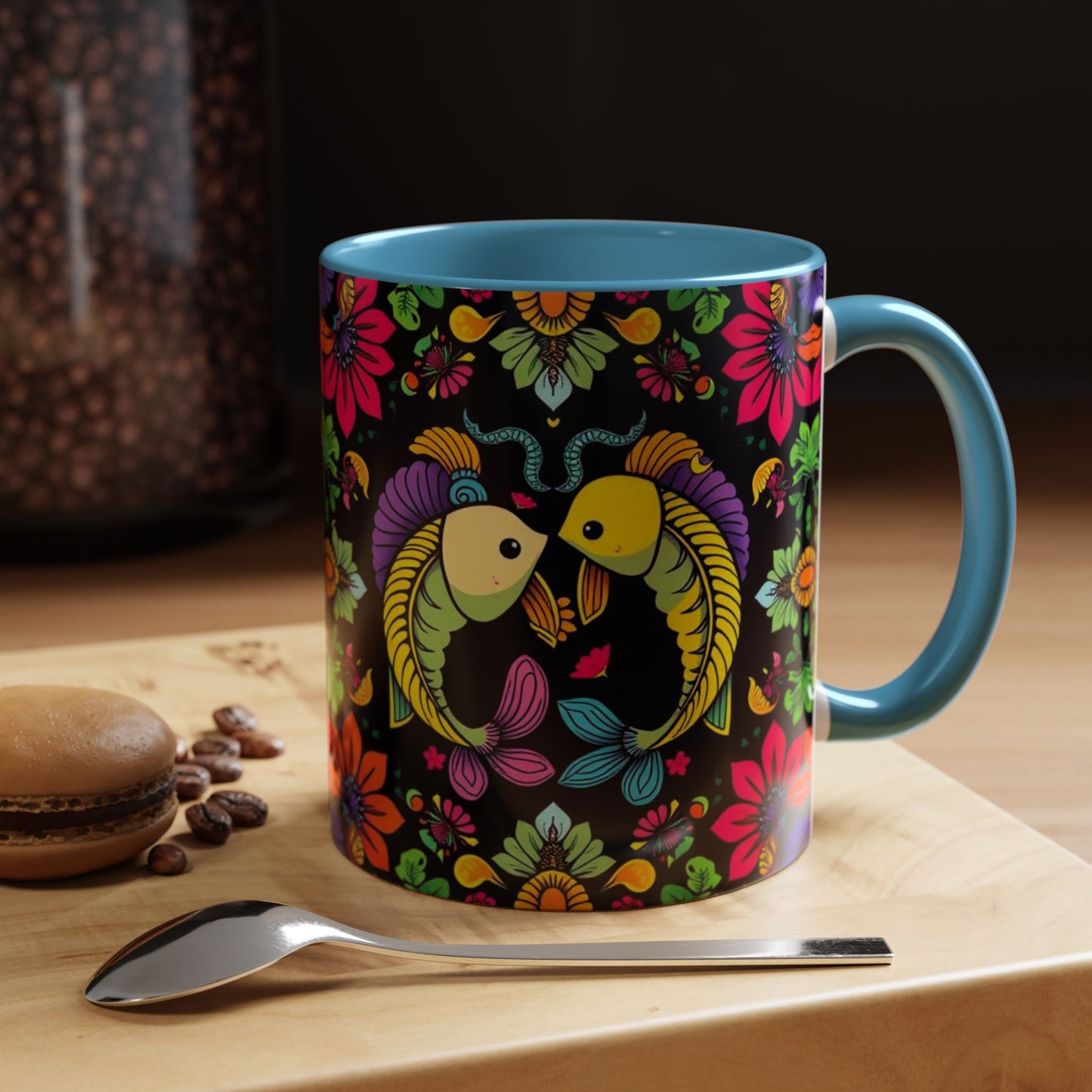 Accent Coffee Mug, Pisces, Zodiac v3, Flower Pattern, (11, 15oz)