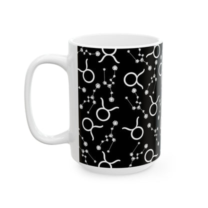 Ceramic Mug, (11oz, 15oz), Ceramic Coffee Mug, Black AOP, Taurus Zodiac Design