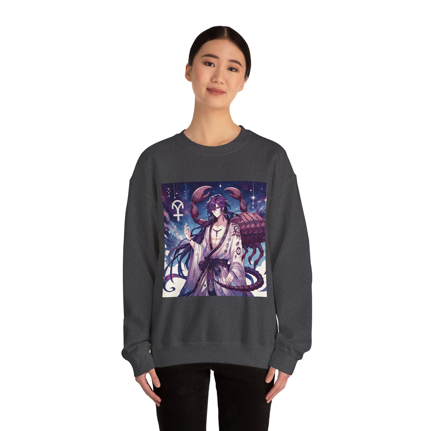 Unisex Heavy Blend™ Crewneck Sweatshirt, Scorpio Zodiac Design, purple scorpion anime