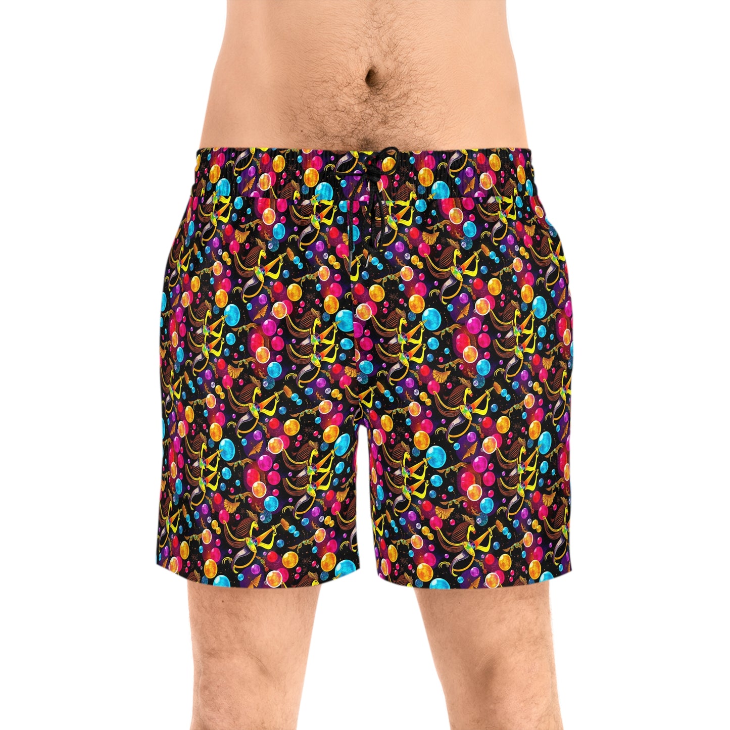 Men's Mid-Length Swim Shorts, (AOP), Sagittarius, Zodiac v2, Bubble Pattern