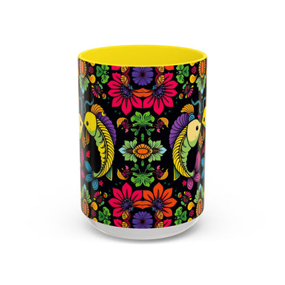Accent Coffee Mug, Pisces, Zodiac v3, Flower Pattern, (11, 15oz)