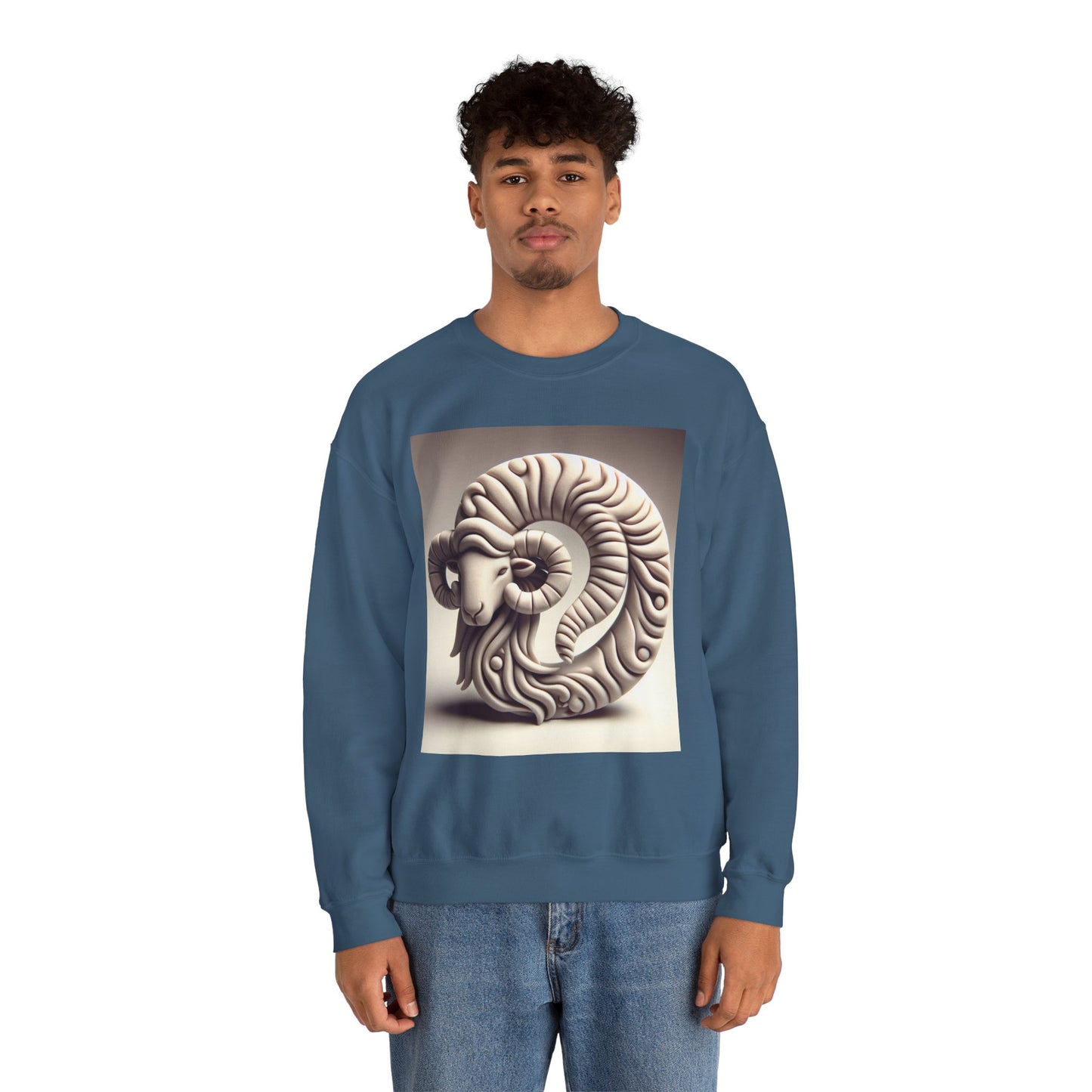 Unisex Heavy Blend™ Crewneck Sweatshirt, Round Statue, Aries Zodiac Design