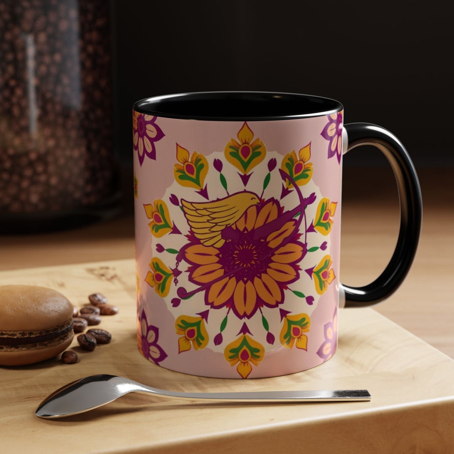 Accent Coffee Mug, Sagittarius, Zodiac v4. Flower Pattern, (11, 15oz)