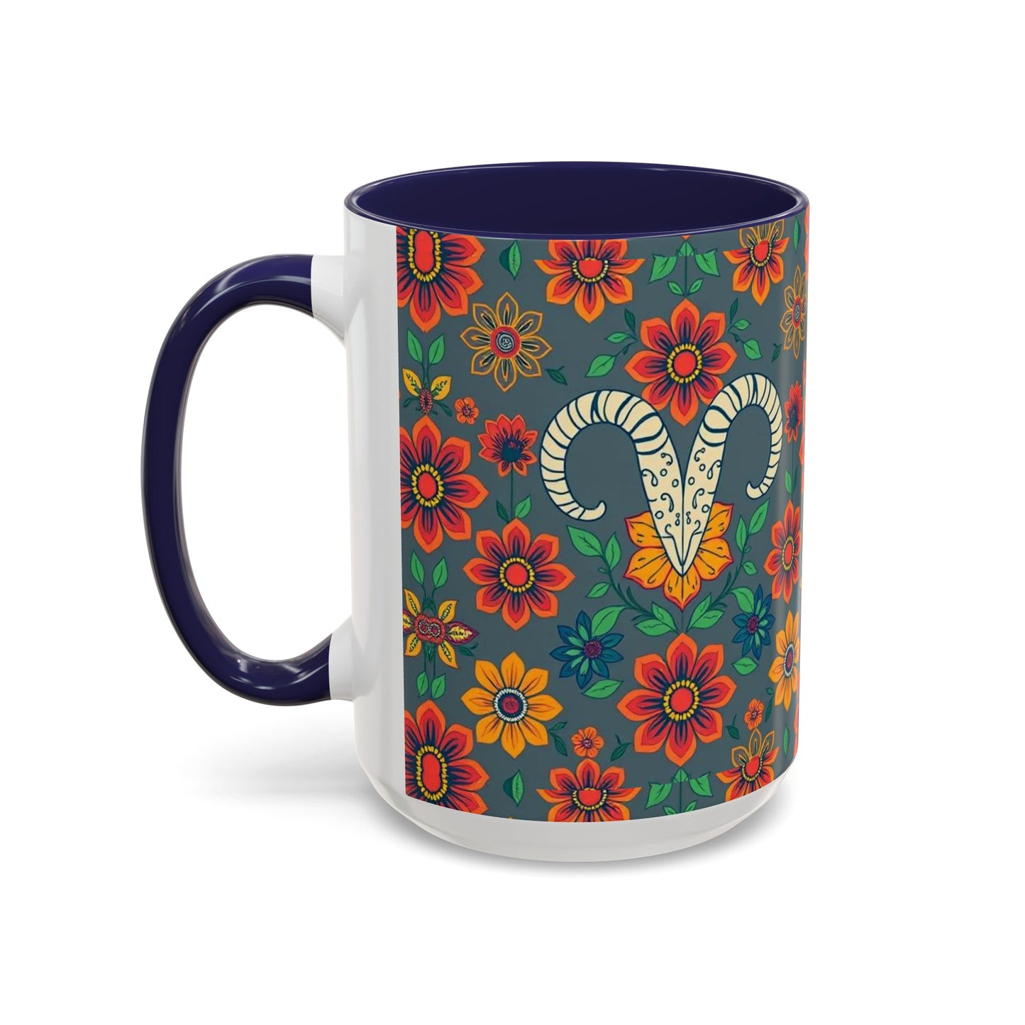 Accent Coffee Mug, Aries, Zodiac v4, Flower Pattern, (11, 15oz)