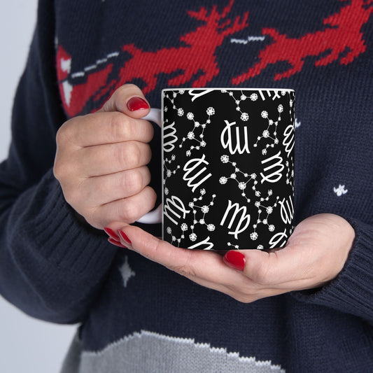 Ceramic Mug, (11oz, 15oz), Ceramic Coffee Mug, Black AOP, Virgo Zodiac Design