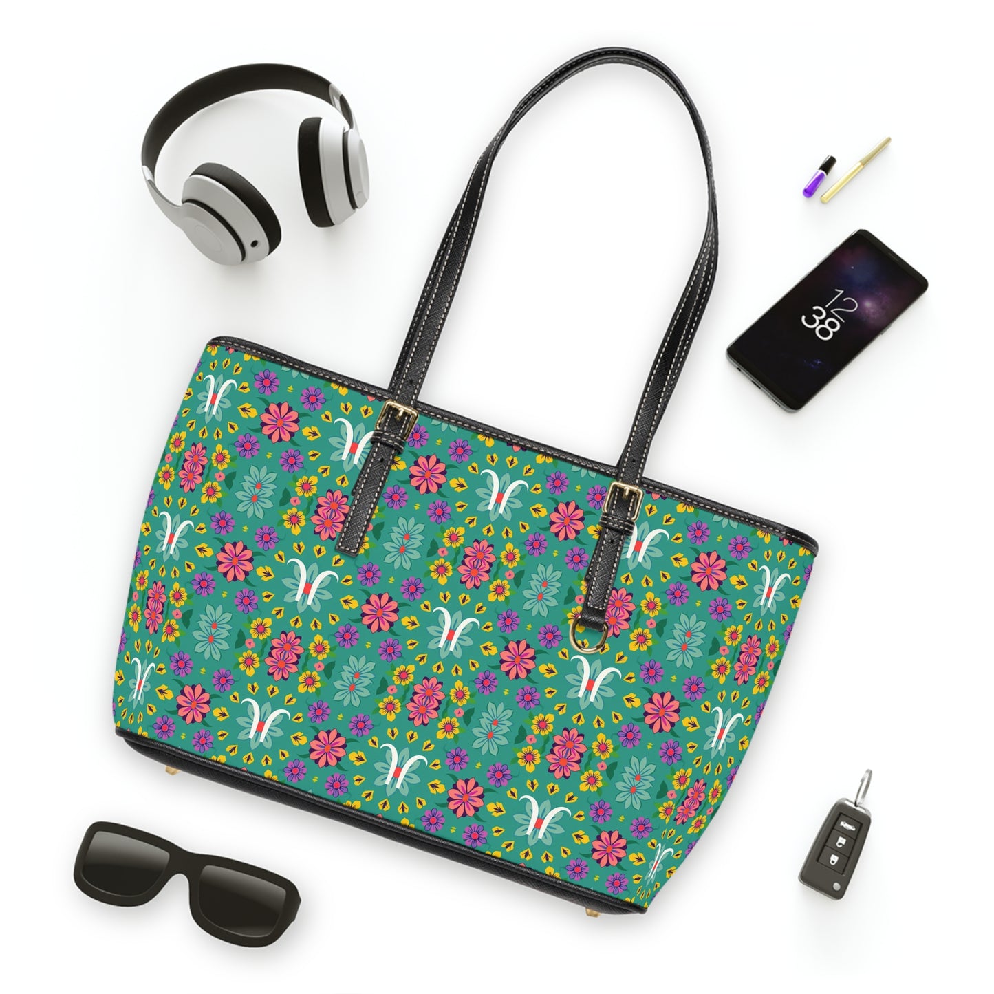 Leather Shoulder Bag, Aquarius, Zodiac v2, Flower Pattern
