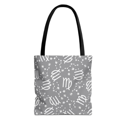 Tote Bag, Virgo Zodiac Sign, AOP, (Grey, White)