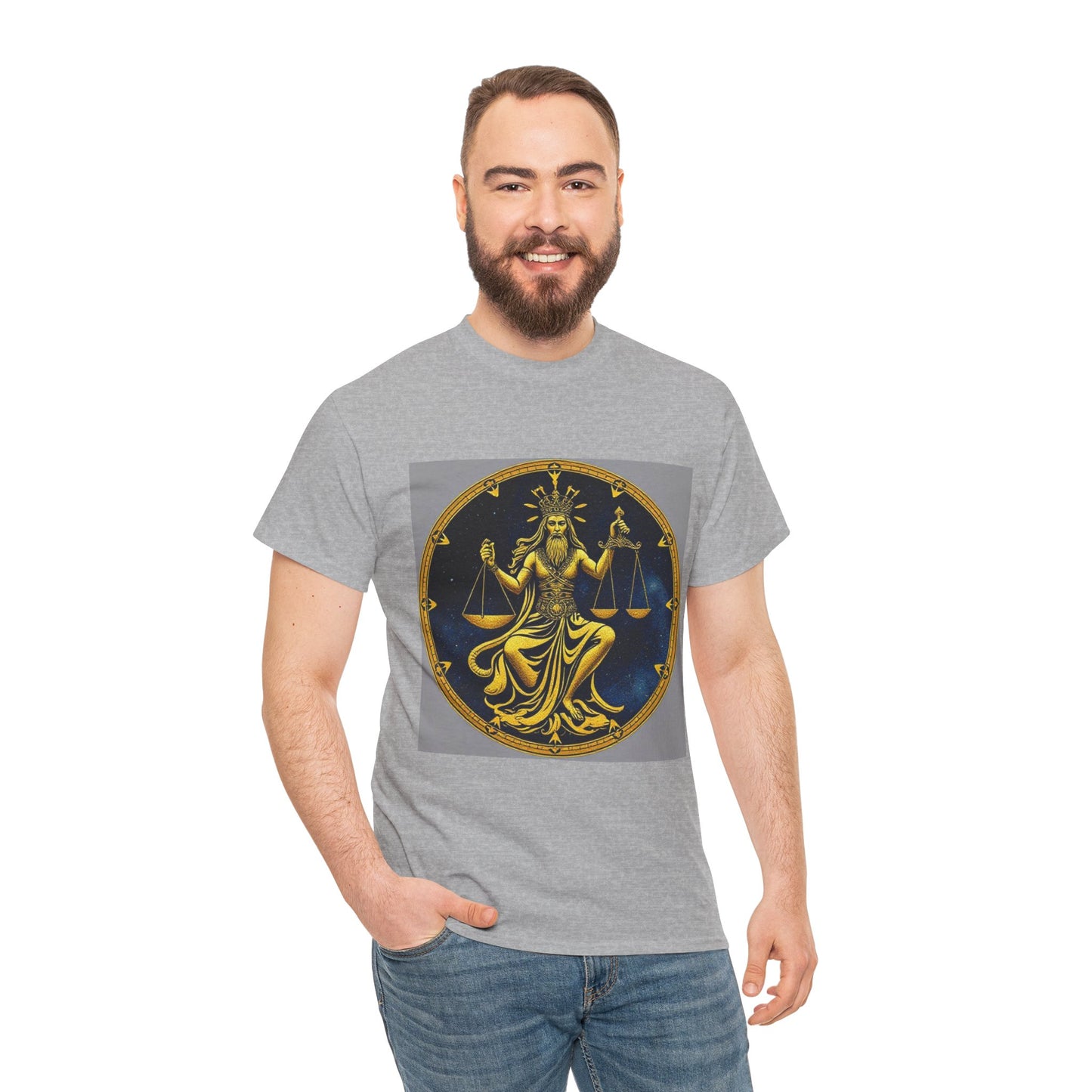 Unisex Heavy Cotton T-Shirt, Gold v1, Libra God, Zodiac Design